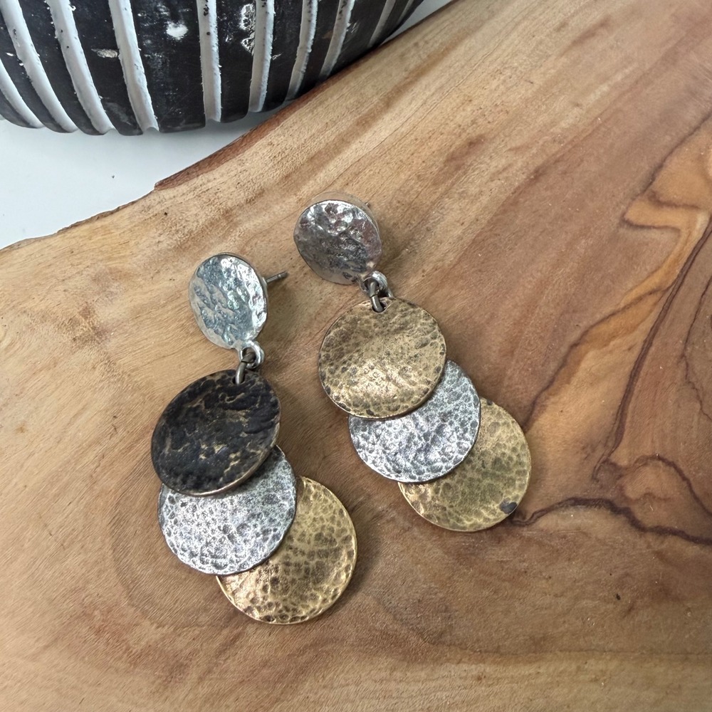 Unbranded Drop Earrings Womens Mixed Metal Hammered Disc Bohemian OS - Picture 2 of 3